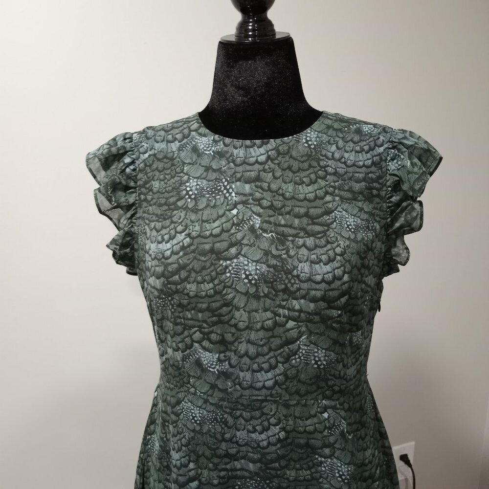 Feather Printed Midi Flounce Dress - Feather Bottle Green Women Size 40 - Picture 8 of 8